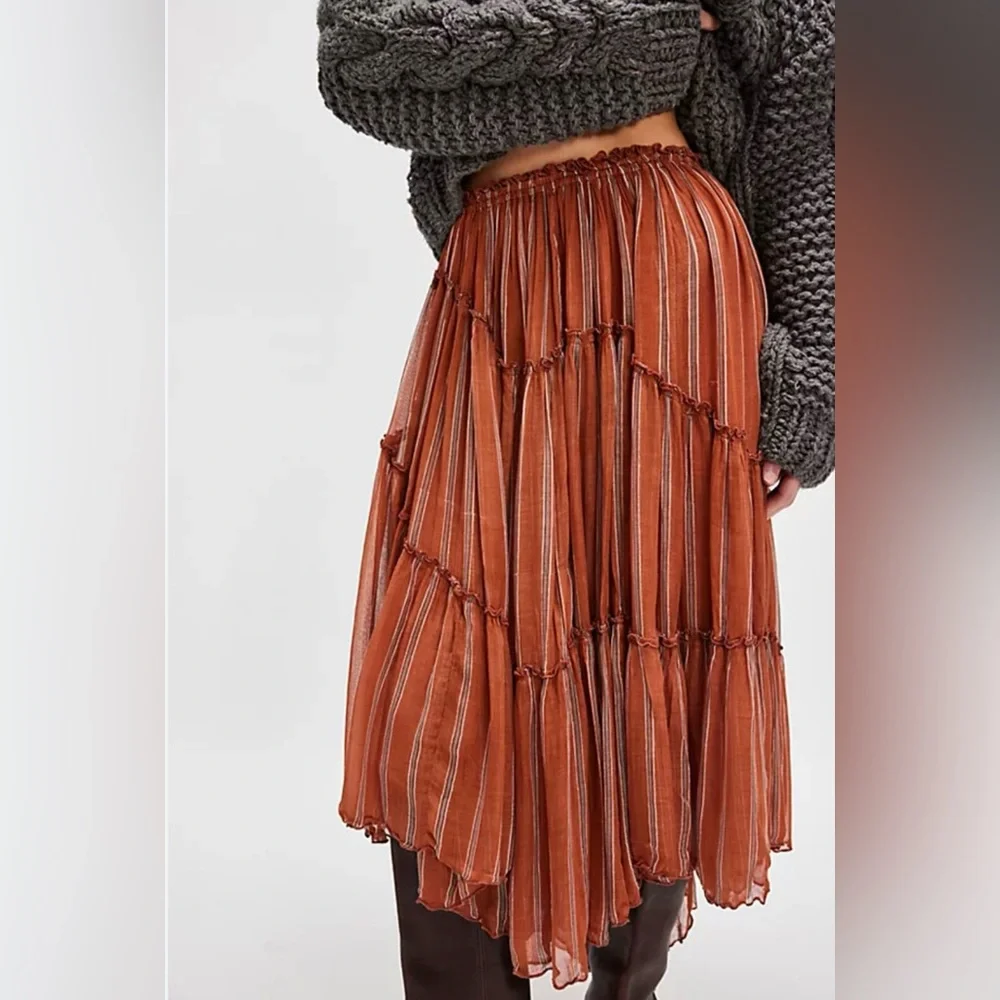 Free People One Ember Printed Flowy Midi Skirt In Terracotta Stripe - Picture 2 of 15